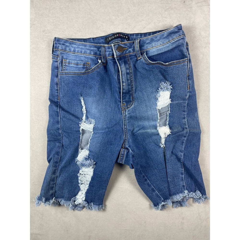 Fashion Nova Womens Distressed‎ Bermuda Denim Shorts Blue Medium Wash Size 13